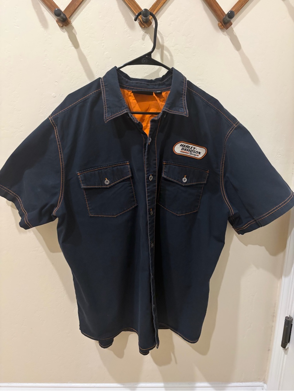Harley-Davidson Navy Short Sleeve Button-Up Shirt with Orange Accents